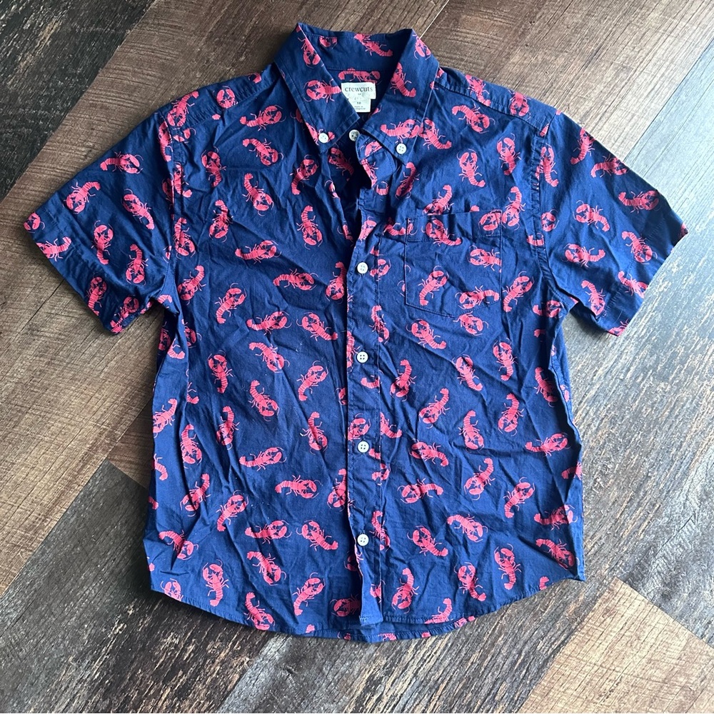 J.Crew Crewcuts Boys Navy Short-Sleeve Button-Down Shirt with Red Lobster Print